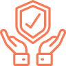 orange hands holding orange shield with checkmark in middle