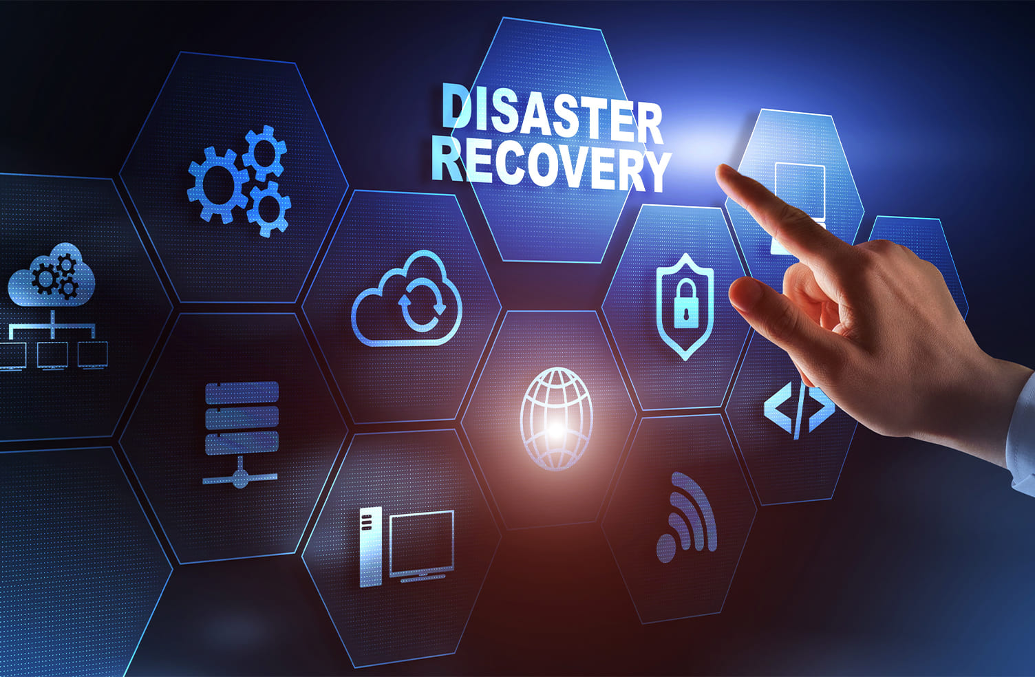 a man pressing disaster recovery on a virtual screen